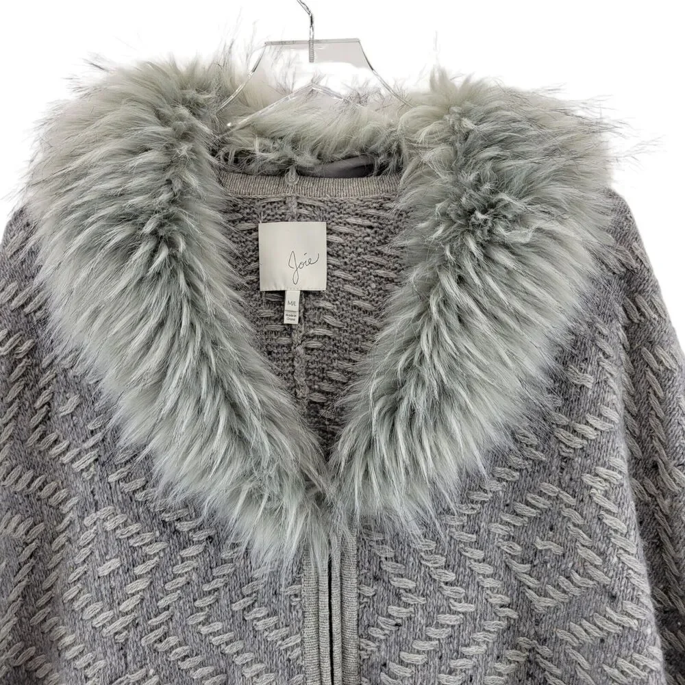 Joie Poncho Womens Medium Large Wool Yak Faux Fur Collar Gray Chunky Knit Zipper